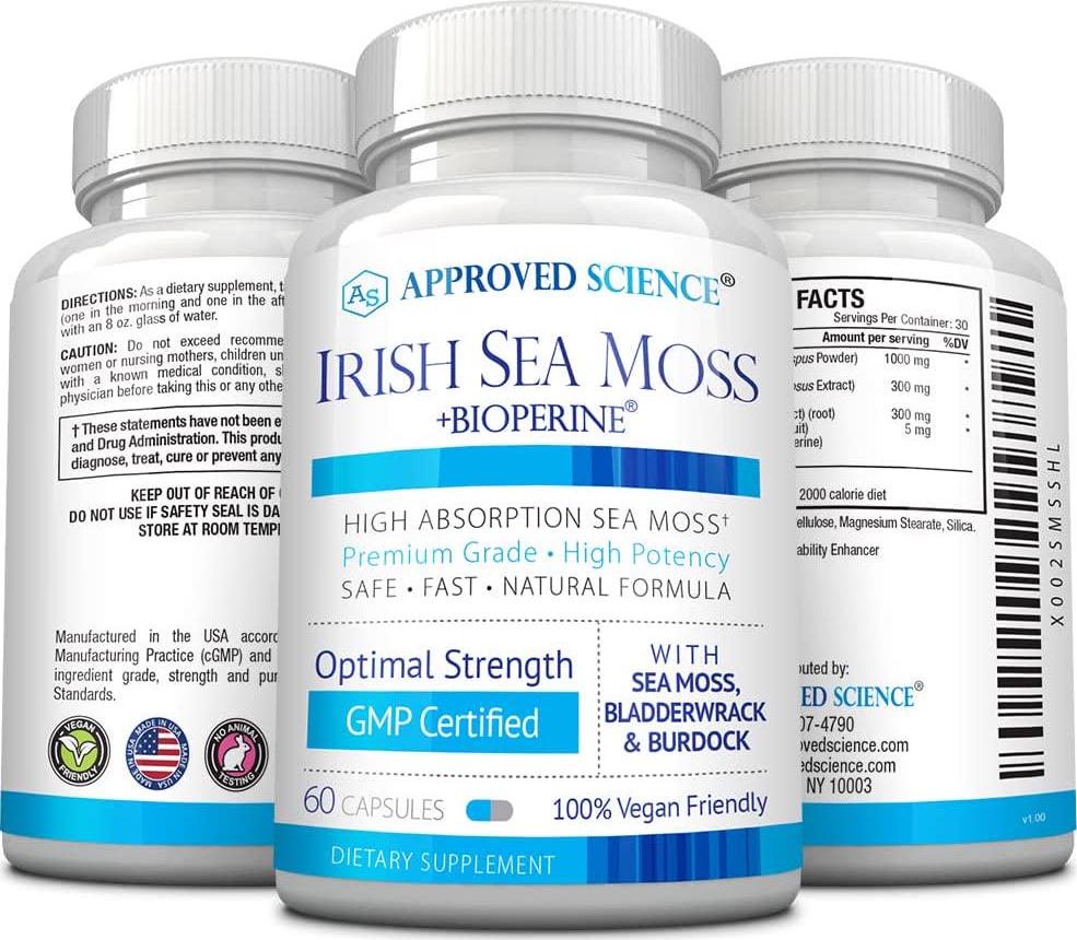 Approved Science Wild-Crafted Irish Sea Moss - Bladderwrack, Burdock - Immune, Heart, Thyroid, Gut Health, Anti-Aging Support - 180 Capsules