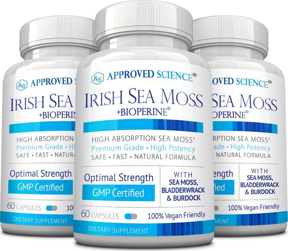 Approved Science Wild-Crafted Irish Sea Moss - Bladderwrack, Burdock - Immune, Heart, Thyroid, Gut Health, Anti-Aging Support - 180 Capsules