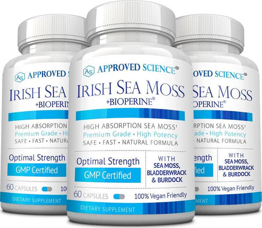 Approved Science Wild-Crafted Irish Sea Moss - Bladderwrack, Burdock - Immune, Heart, Thyroid, Gut Health, Anti-Aging Support - 180 Capsules