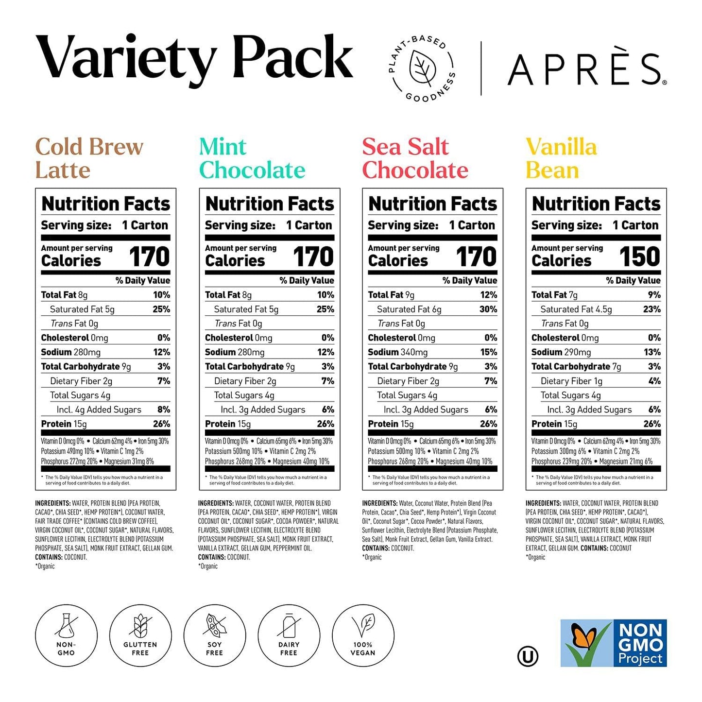 Apres Plant-Based Protein Shake Variety Pack with MCTs and Electrolytes, Vegan, Non-GMO, Dairy-Free, Gluten-Free, Soy-Free Drink 11 Fl Oz, 12 Bottles