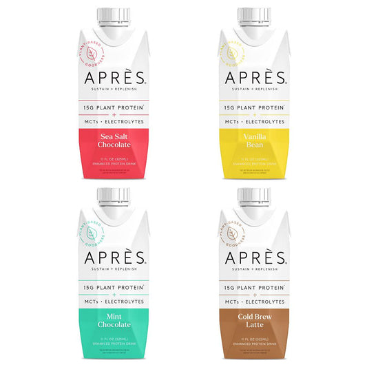 Apres Plant-Based Protein Shake Variety Pack with MCTs and Electrolytes, Vegan, Non-GMO, Dairy-Free, Gluten-Free, Soy-Free Drink 11 Fl Oz, 12 Bottles