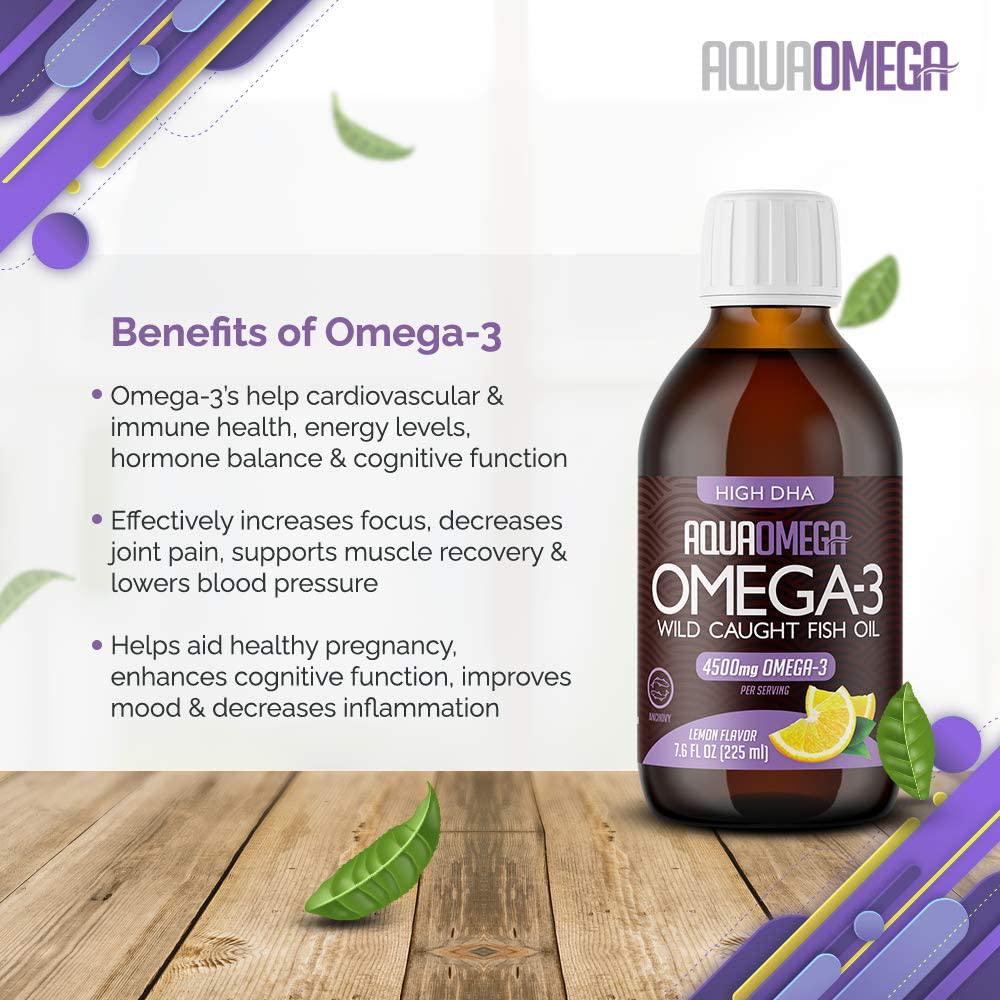 AquaOmega High DHA Omega-3 Dietary Supplement with Vitamin D, Lemon Flavor 4,500 mg of Omega-3 s per Serving