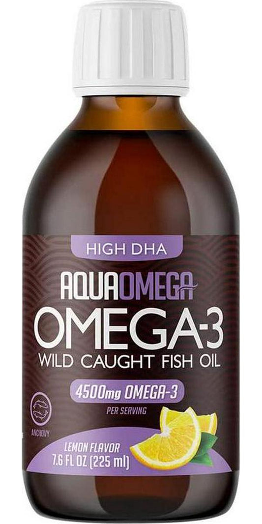 AquaOmega High DHA Omega-3 Dietary Supplement with Vitamin D, Lemon Flavor 4,500 mg of Omega-3 s per Serving