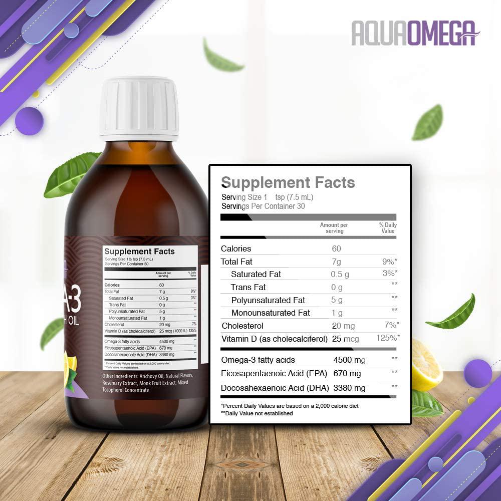 AquaOmega High DHA Omega-3 Dietary Supplement with Vitamin D, Lemon Flavor 4,500 mg of Omega-3 s per Serving