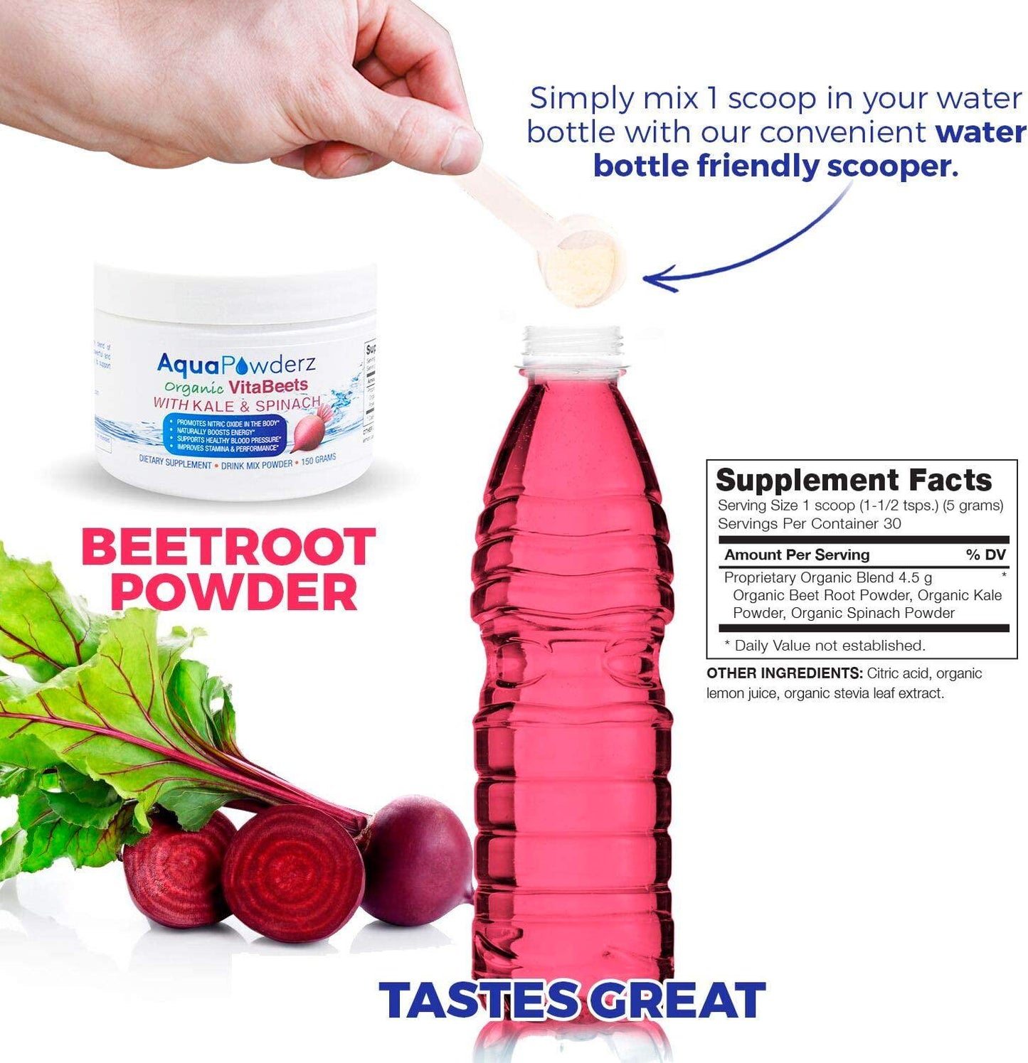 AquaPowderz Organic VitaBeets Powder| Beetroot Powder with Highly Nutritious Kale and Spinach Powder |Promotes Nitric Oxide for Heart Health| Energy |Stamina and Performance |Non GMO | USA |5.29 oz