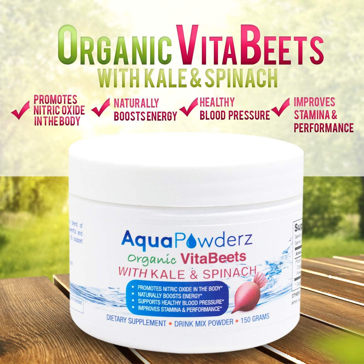 AquaPowderz Organic VitaBeets Powder| Beetroot Powder with Highly Nutritious Kale and Spinach Powder |Promotes Nitric Oxide for Heart Health| Energy |Stamina and Performance |Non GMO | USA |5.29 oz