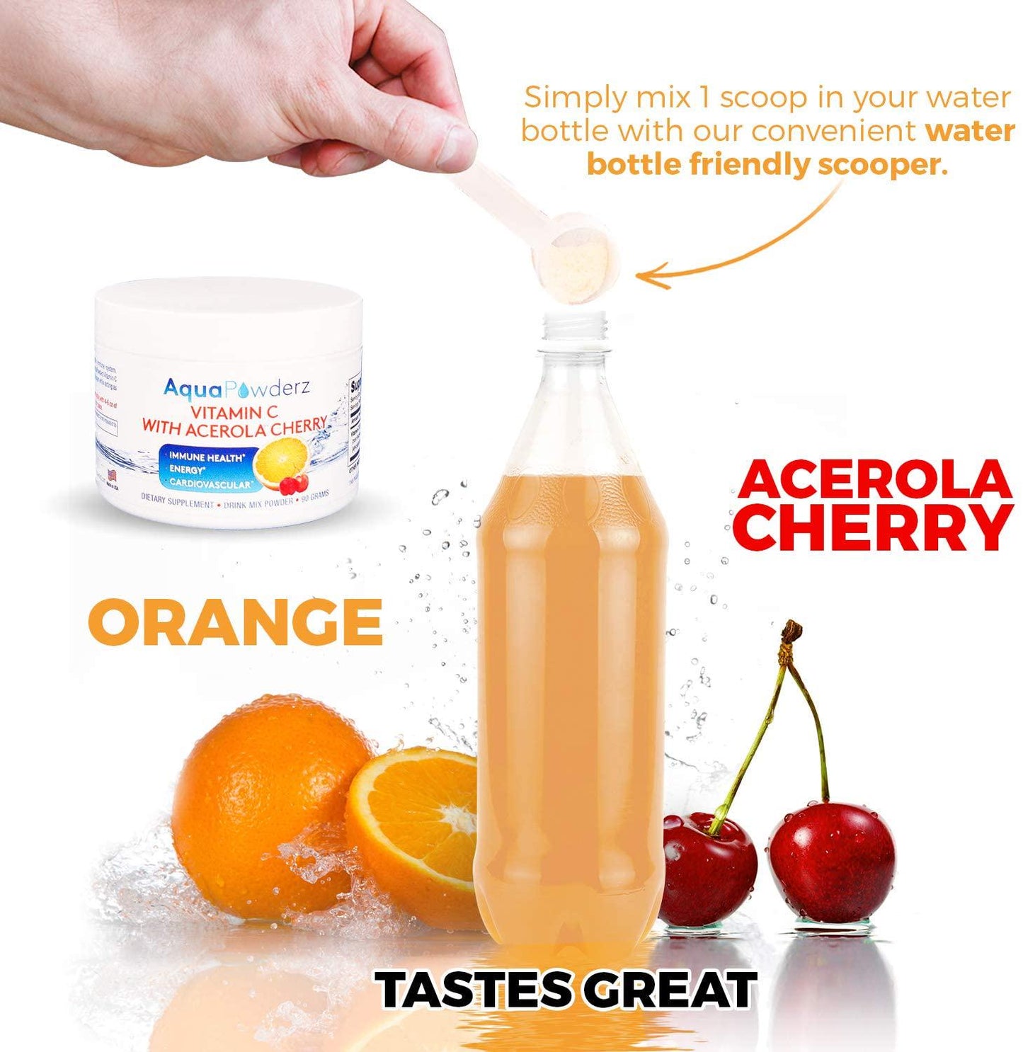 AquaPowderz Vitamin C Powder from Pure Ascorbic Acid w/Acerola Cherry, 2000 mg, Gluten Free - Immune Health, Energy, Cardiovascular Support
