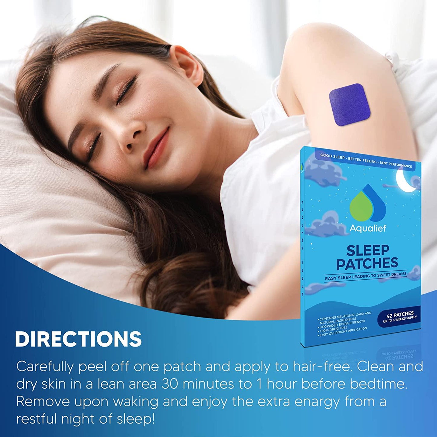 Aqualief Sleep Patches with Melatonin and GABA, 42 Patch Set, Supports Rest and Rejuvenation for Travel, Jet Lag, and Insomnia, Men and Women