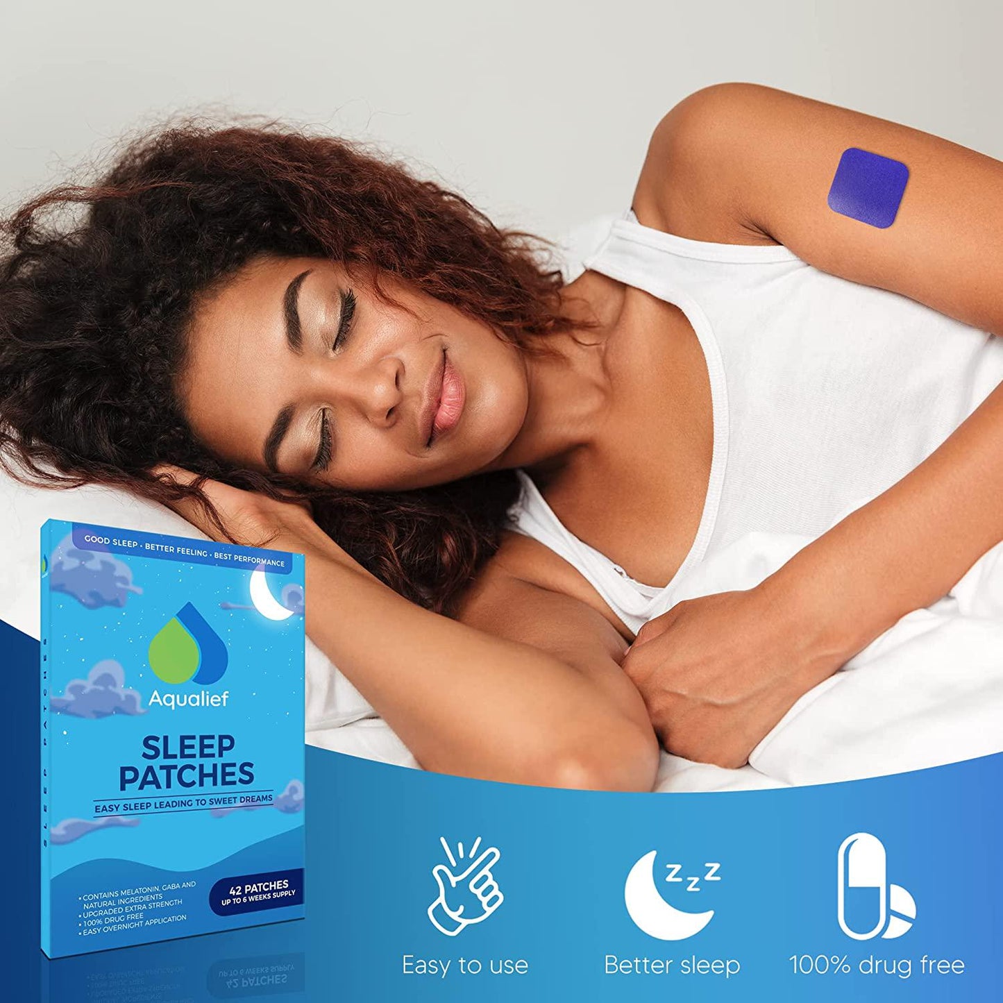 Aqualief Sleep Patches with Melatonin and GABA, 42 Patch Set, Supports Rest and Rejuvenation for Travel, Jet Lag, and Insomnia, Men and Women