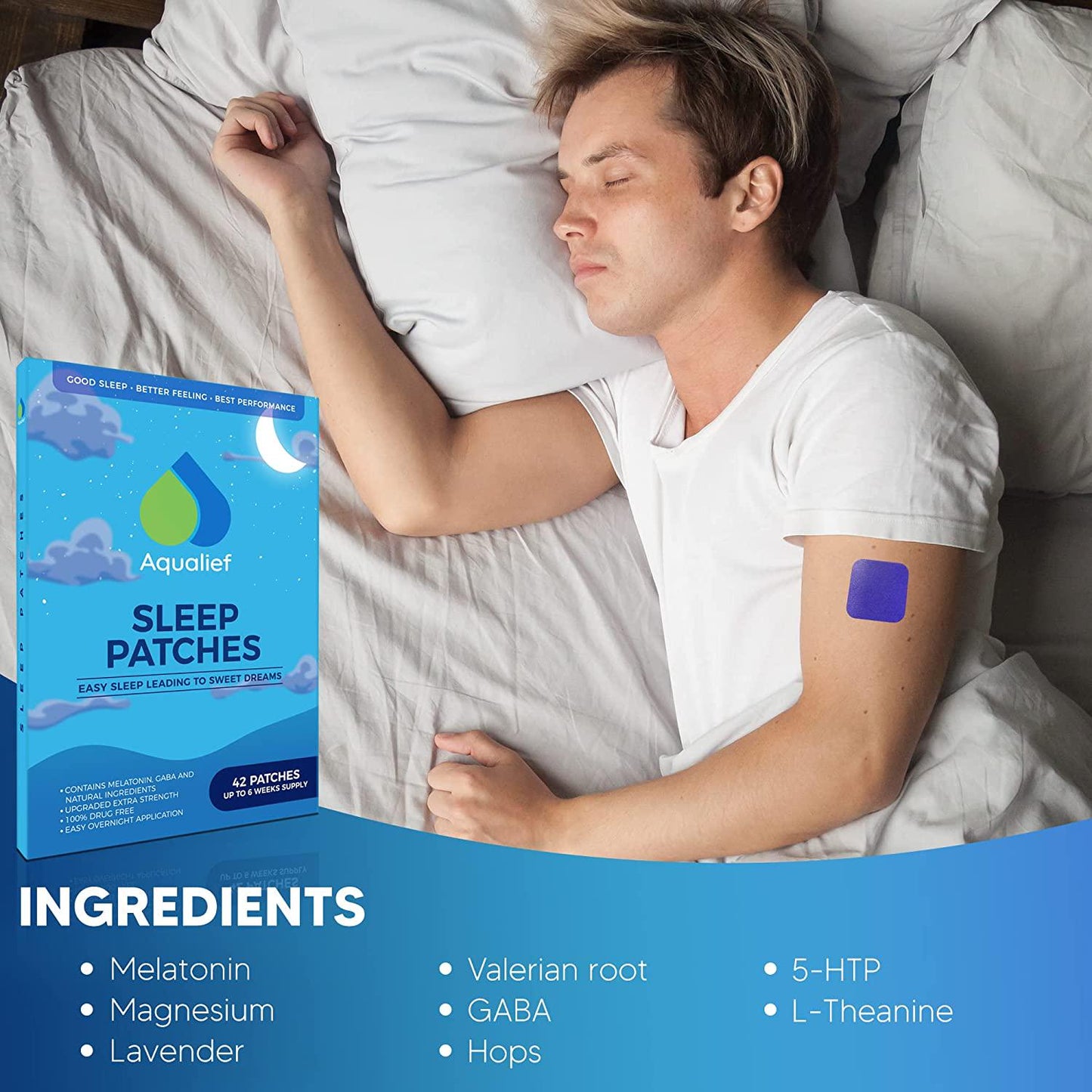 Aqualief Sleep Patches with Melatonin and GABA, 42 Patch Set, Supports Rest and Rejuvenation for Travel, Jet Lag, and Insomnia, Men and Women