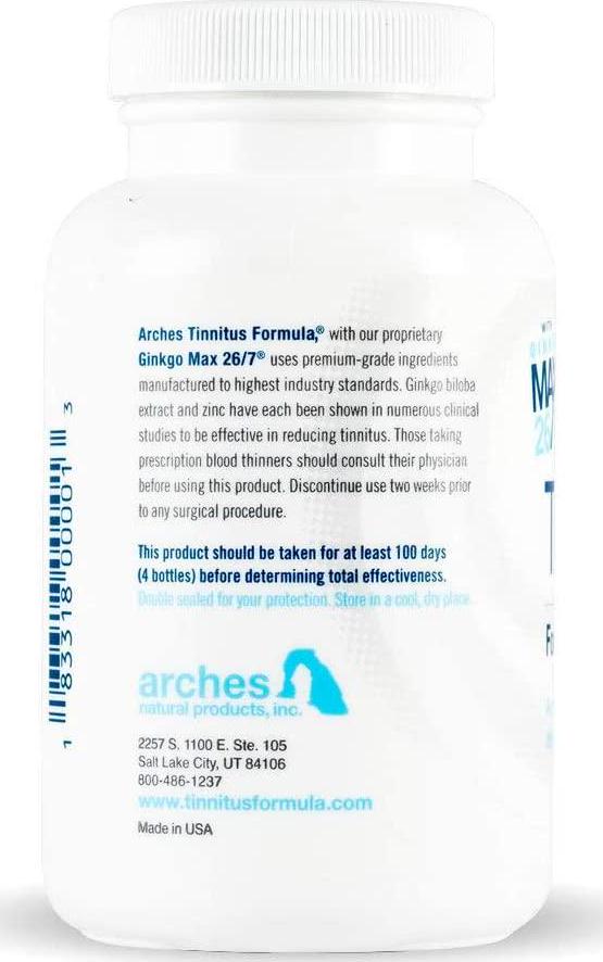 Arches Tinnitus Starter Kit - Now with Ginkgo Max 26/7 - Natural Tinnitus Treatment for Relief from Ringing Ears - 4 Bottles - 100 Day Supply