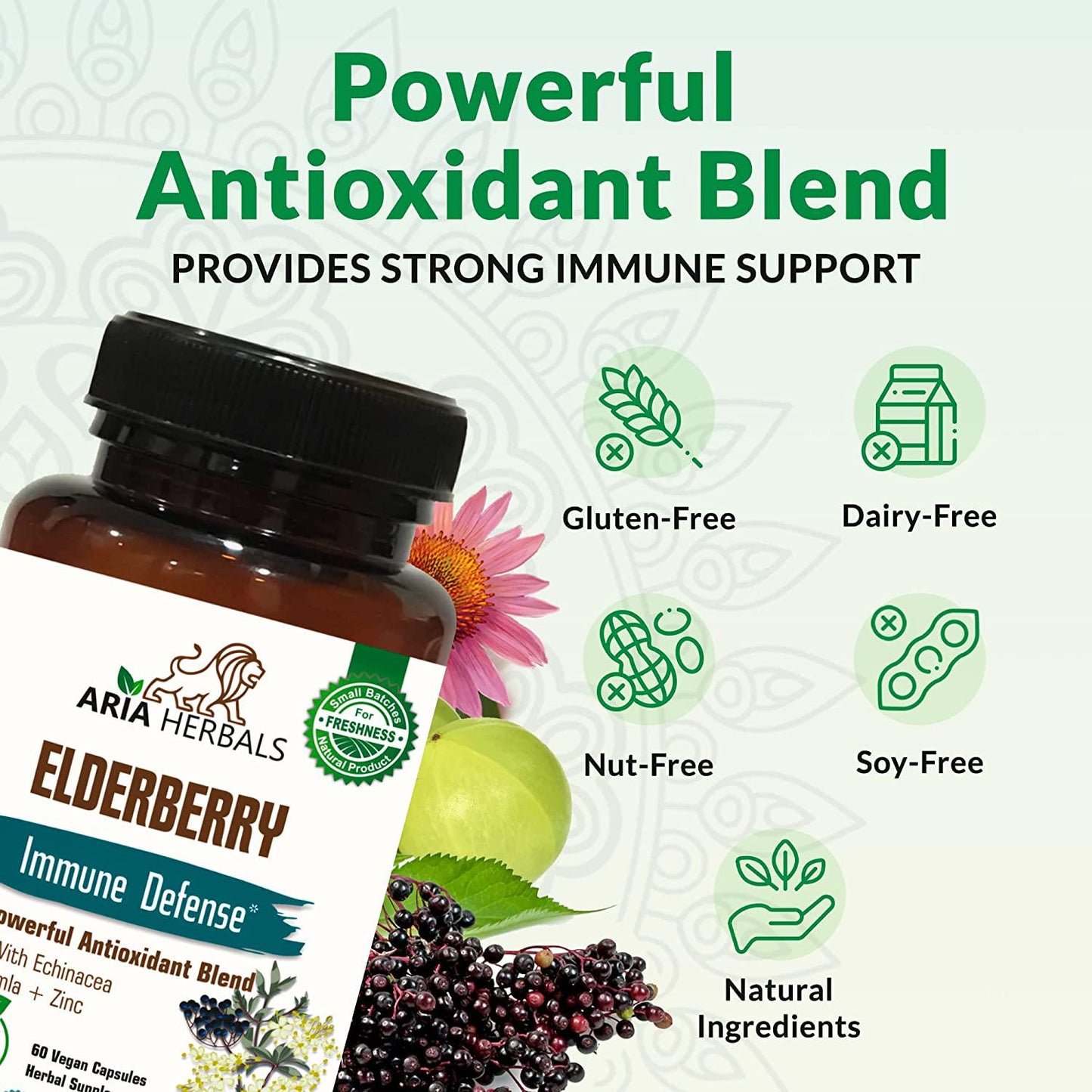 Aria Herbals Elderberry Supplement with Vitamins and Antioxidants, Elderberry Capsules Packed with Echinacea, Zinc and Amla, Fortified with Vitamin C for Immune Defense, 60 Vegan Capsules
