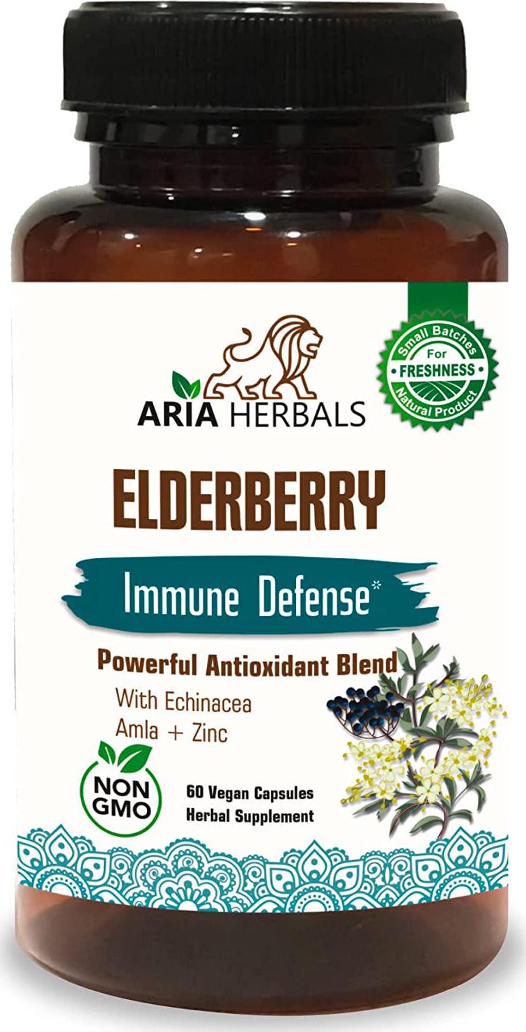 Aria Herbals Elderberry Supplement with Vitamins and Antioxidants, Elderberry Capsules Packed with Echinacea, Zinc and Amla, Fortified with Vitamin C for Immune Defense, 60 Vegan Capsules