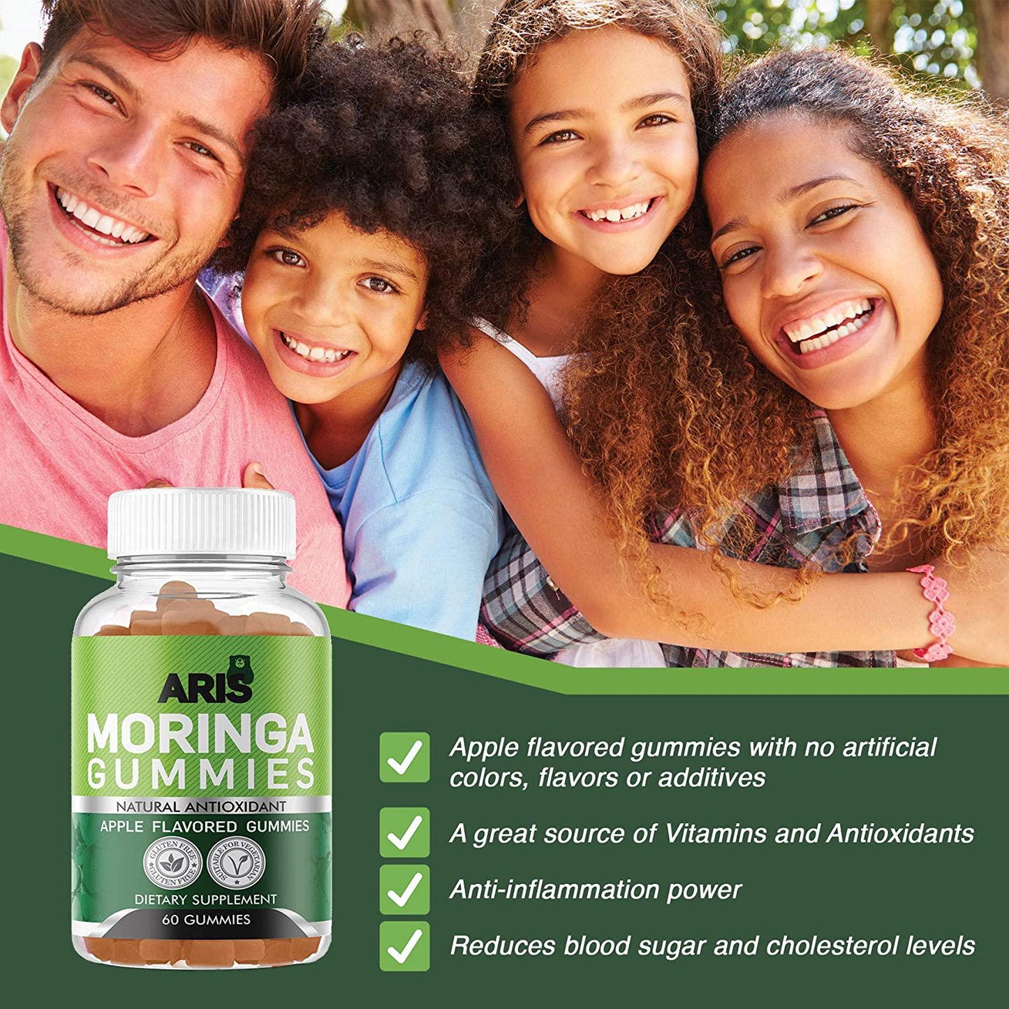 Aris Moringa Gummies, Rich in Vitamins and Antioxidants. This Superfood Supplement is a great Sourse of Nutrients and Minerals, 60 Chewable