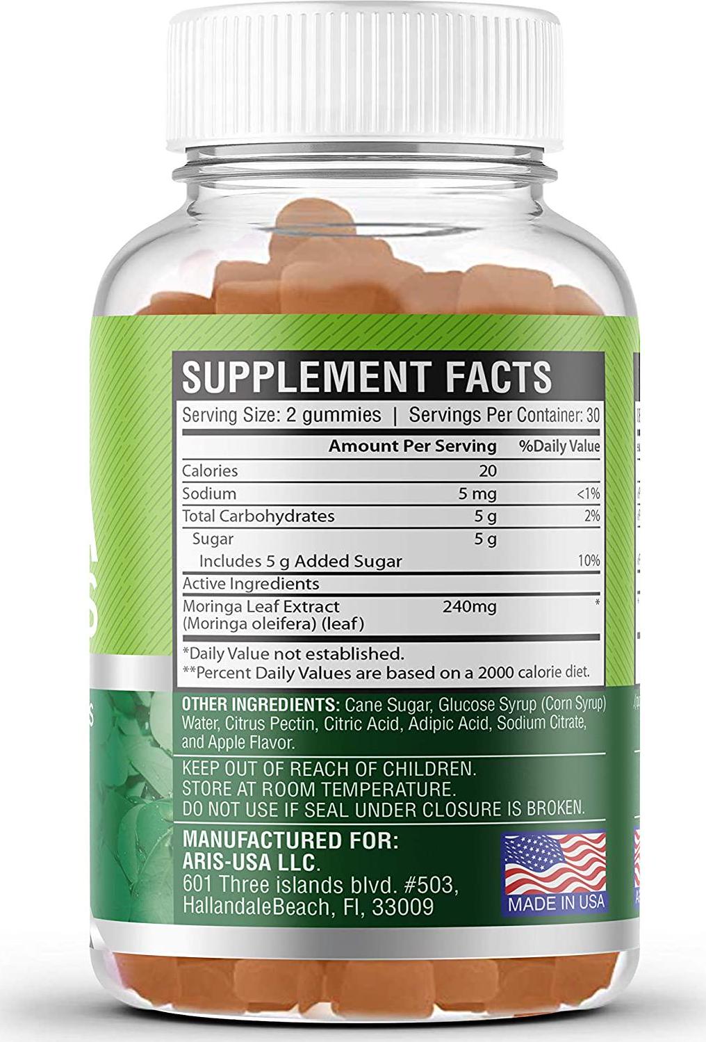 Aris Moringa Gummies, Rich in Vitamins and Antioxidants. This Superfood Supplement is a great Sourse of Nutrients and Minerals, 60 Chewable