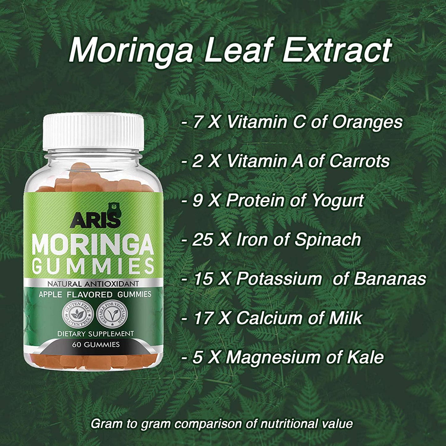 Aris Moringa Gummies, Rich in Vitamins and Antioxidants. This Superfood Supplement is a great Sourse of Nutrients and Minerals, 60 Chewable