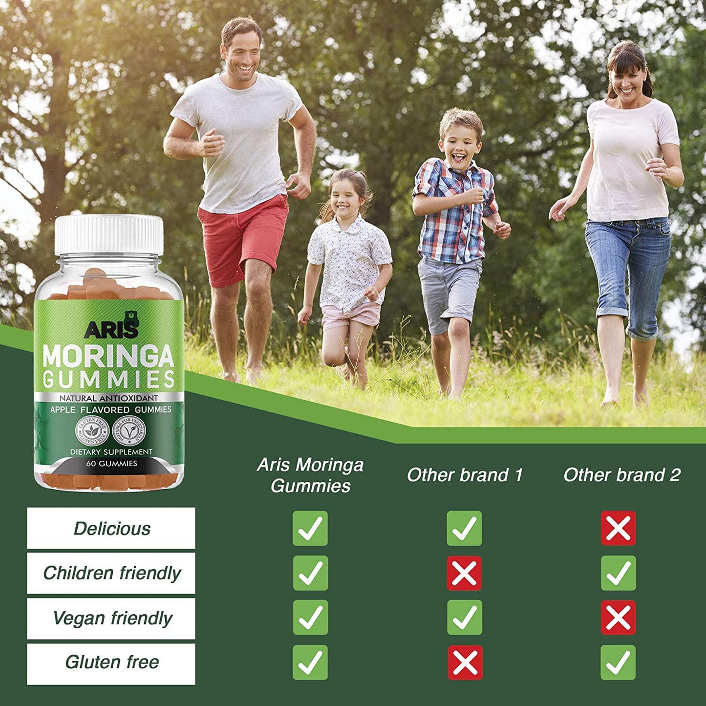 Aris Moringa Gummies, Rich in Vitamins and Antioxidants. This Superfood Supplement is a great Sourse of Nutrients and Minerals, 60 Chewable