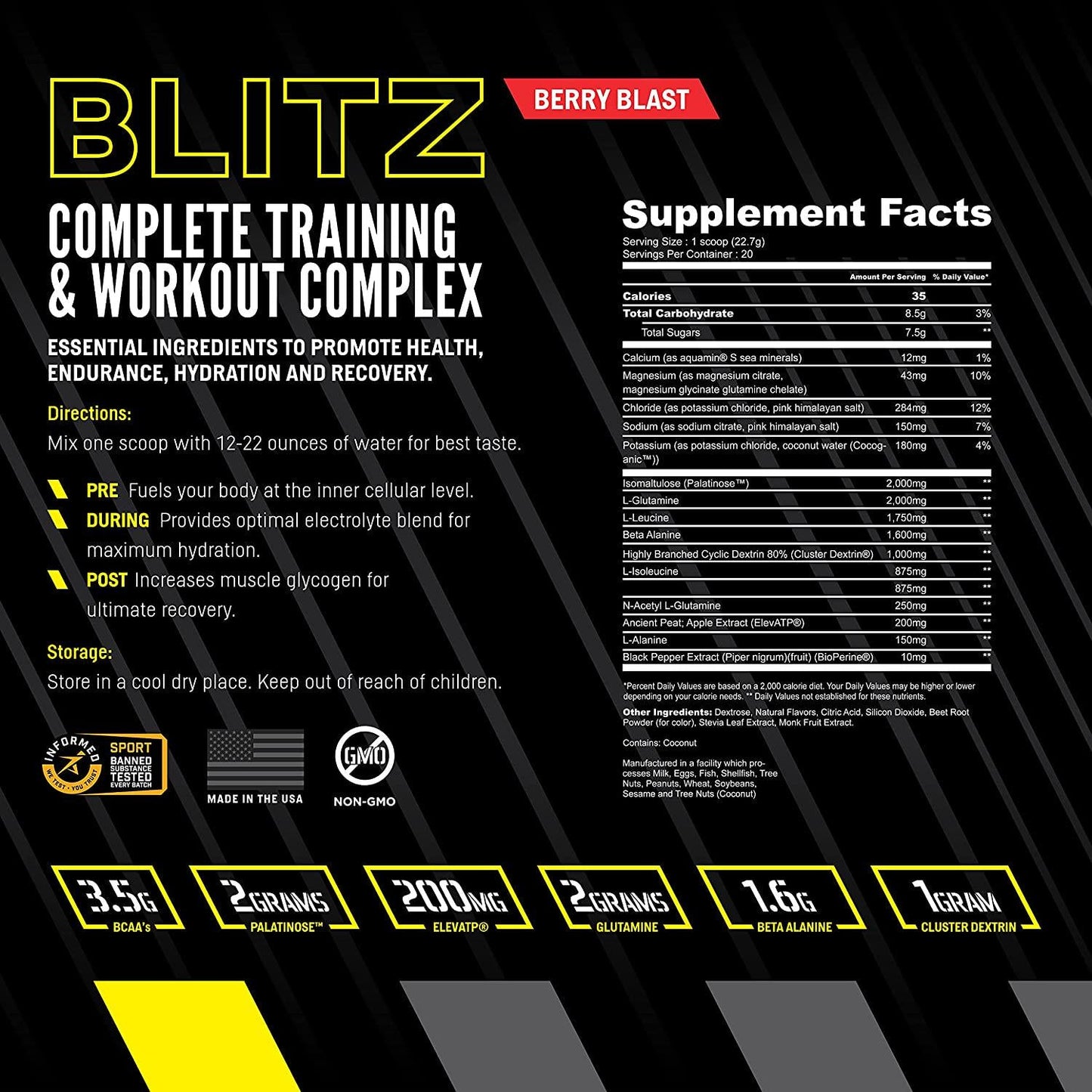 Arma Sport Blitz - All in One Training Supplement - Organic and Stimulant Free Blend Pre Intra and Post Workout Recovery Formula for Men and Women - Glutamine, Beta-Alanine, and Cluster Dextrin - Berry Blast