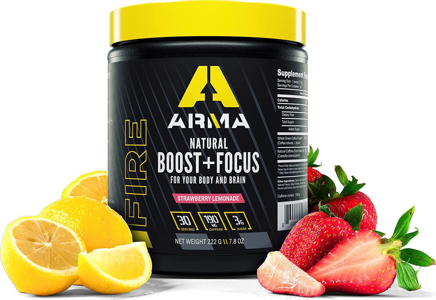 Arma Sport FIRE - Workout Enhancement for Stamina, Energy, and Focus - Patented Formula with 190mg of Green Bean Coffee Caffeine - for Cognitive Function - Up to 6 Hours of Energy - Strawberry Lemonade