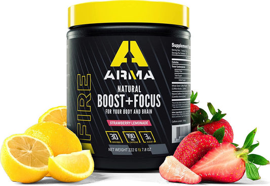 Arma Sport FIRE - Workout Enhancement for Stamina, Energy, and Focus - Patented Formula with 190mg of Green Bean Coffee Caffeine - for Cognitive Function - Up to 6 Hours of Energy - Strawberry Lemonade
