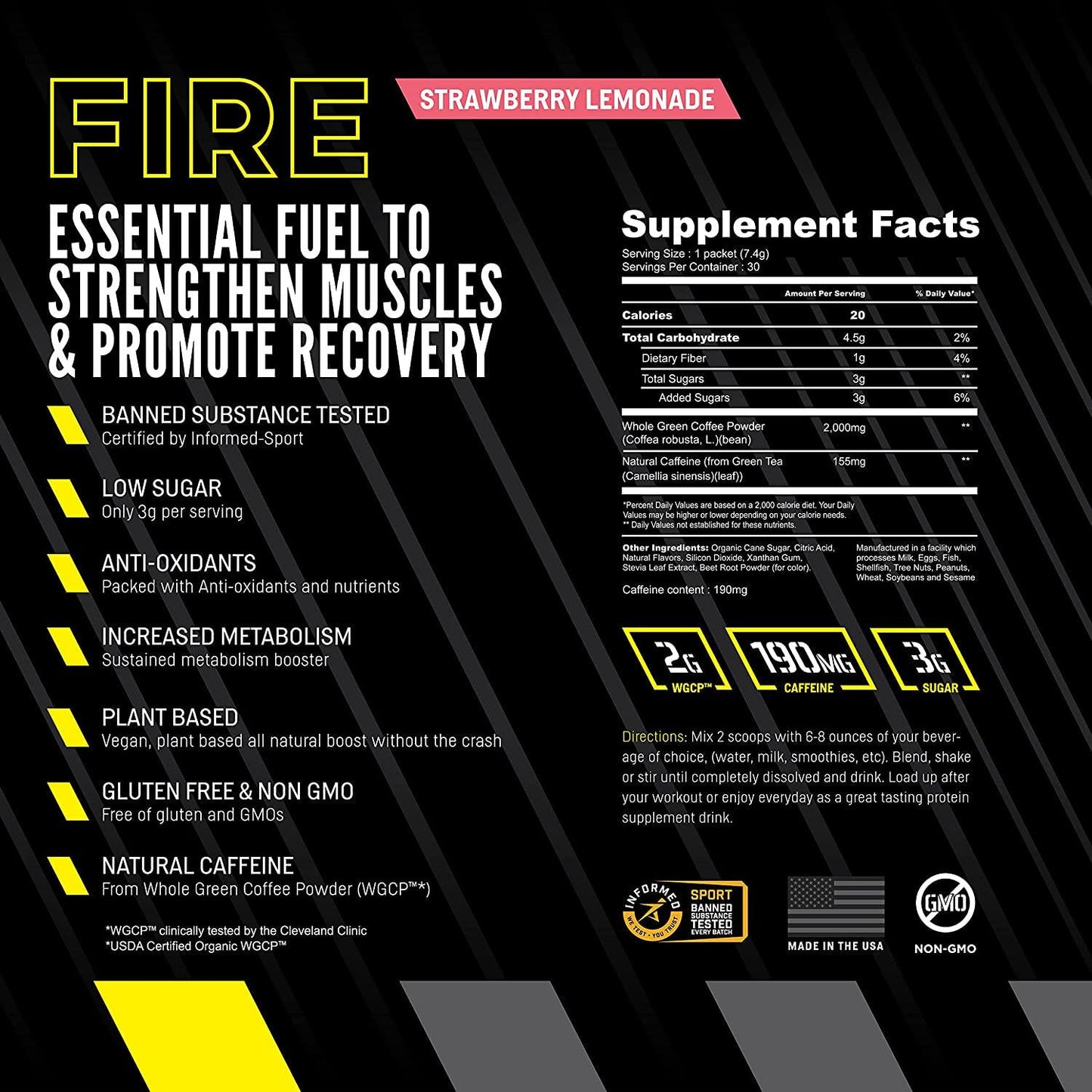 Arma Sport FIRE - Workout Enhancement for Stamina, Energy, and Focus - Patented Formula with 190mg of Green Bean Coffee Caffeine - for Cognitive Function - Up to 6 Hours of Energy - Strawberry Lemonade
