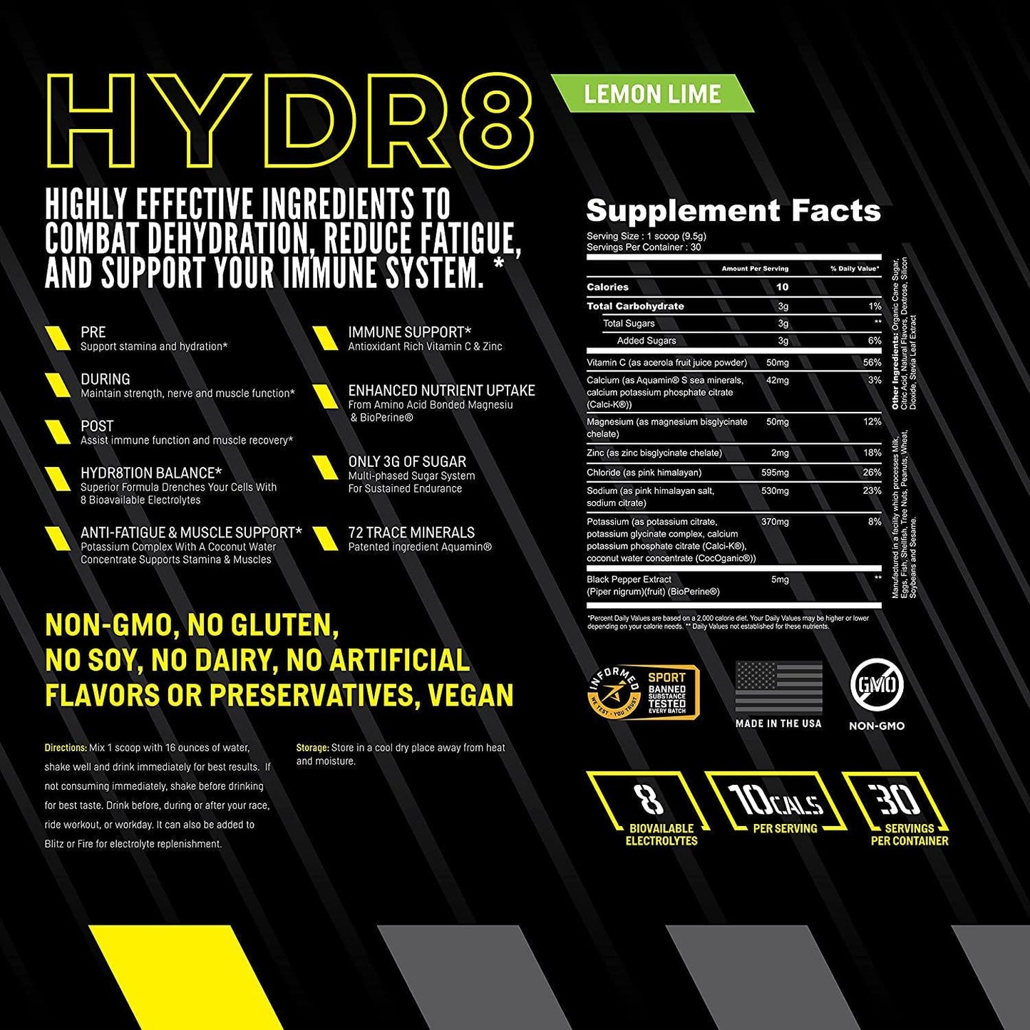 Arma Sport HYDR8 - Advanced Hydration Formula to Reduce Fatigue, Eliminate Cramps, and Prevent Dehydration - Electrolytes with Magnesium, Zinc, Pink Himalayan Salt - No Preservatives - Lemon Lime