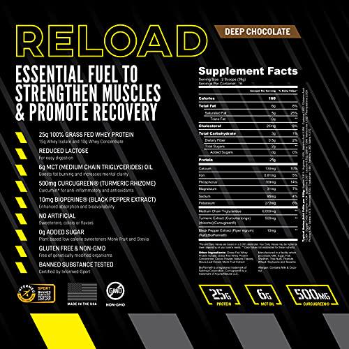 Arma Sport Reload - 100% Organic Grass Fed Whey Protein Powder for Men and Women - Advanced Formula with MCT Oil, Curcugreen, and Bioperine - Extended Absorption with Enhanced Bioavailability - Chocolate