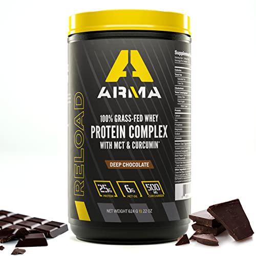 Arma Sport Reload - 100% Organic Grass Fed Whey Protein Powder for Men and Women - Advanced Formula with MCT Oil, Curcugreen, and Bioperine - Extended Absorption with Enhanced Bioavailability - Chocolate