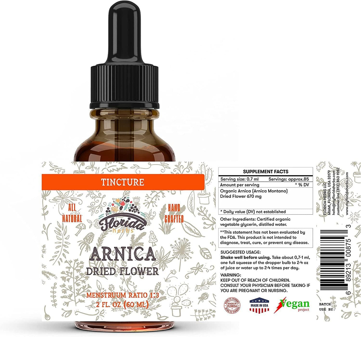 Arnica Tincture, Organic Arnica Extract (Arnica Montana) Dried Flower Herbal Supplement, Non-GMO in Cold-Pressed Organic Vegetable Glycerin, 700 mg, 2 oz (60 ml)