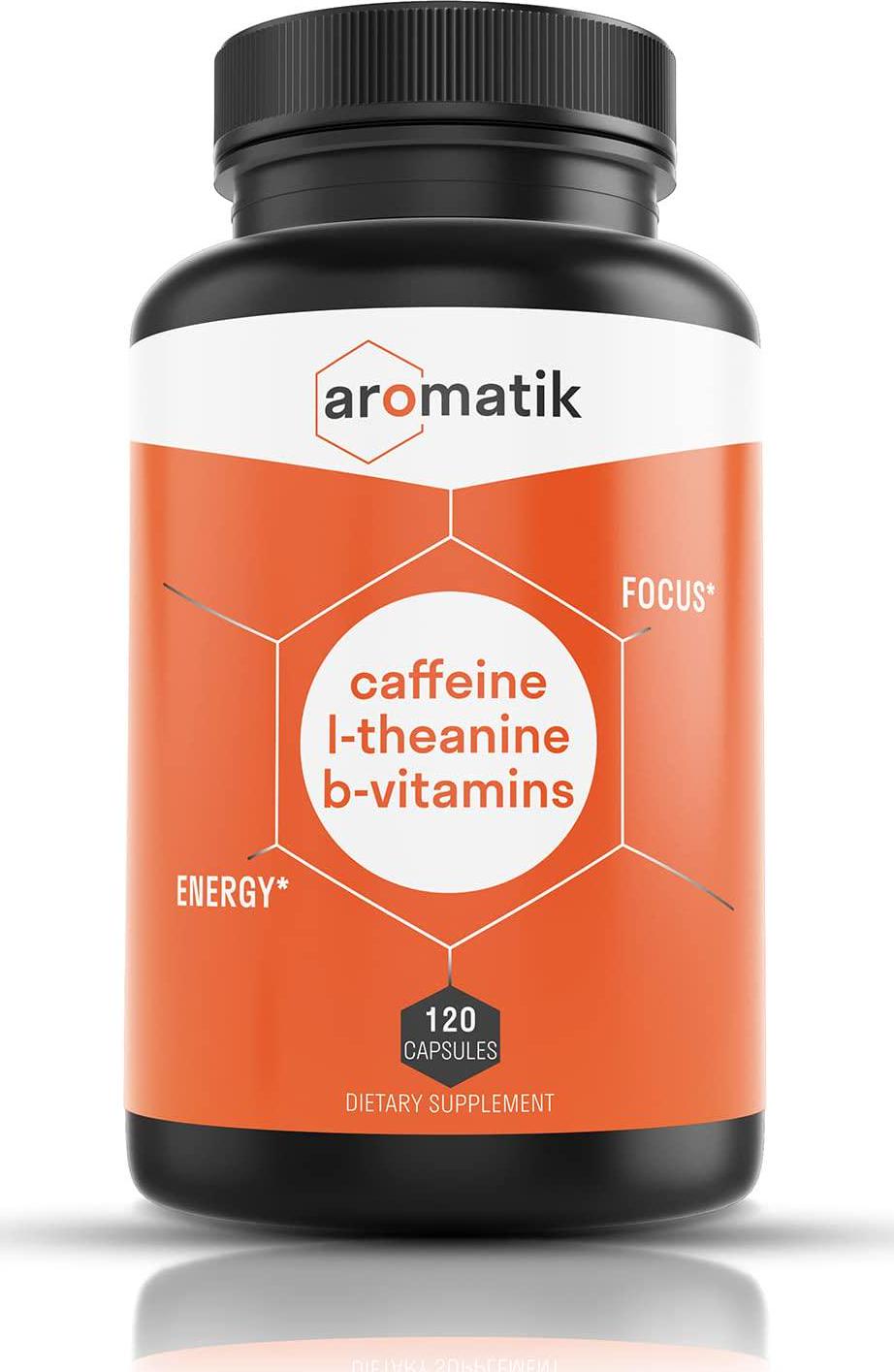 Aromatik Caffeine L-Theanine Focus Supplement | Caffeine (100 mg) + L-Theanine (200 mg) + B Vitamins | Energy Focus Cognition | USA Made at FDA Registered Facility | Vegan Capsules | 120 Servings