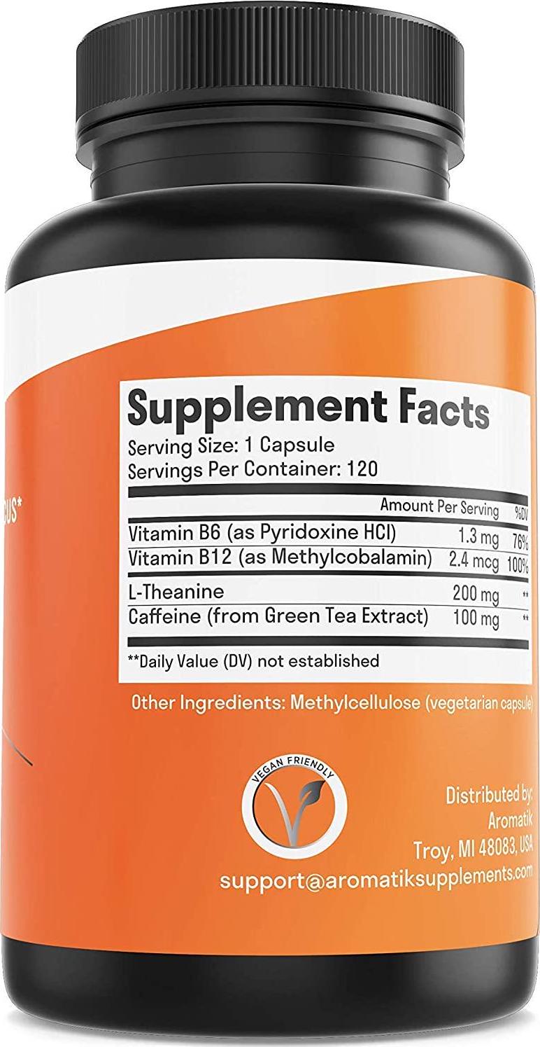 Aromatik Caffeine L-Theanine Focus Supplement | Caffeine (100 mg) + L-Theanine (200 mg) + B Vitamins | Energy Focus Cognition | USA Made at FDA Registered Facility | Vegan Capsules | 120 Servings