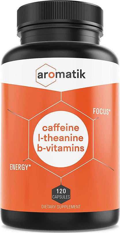 Aromatik Caffeine L-Theanine Focus Supplement | Caffeine (100 mg) + L-Theanine (200 mg) + B Vitamins | Energy Focus Cognition | USA Made at FDA Registered Facility | Vegan Capsules | 120 Servings