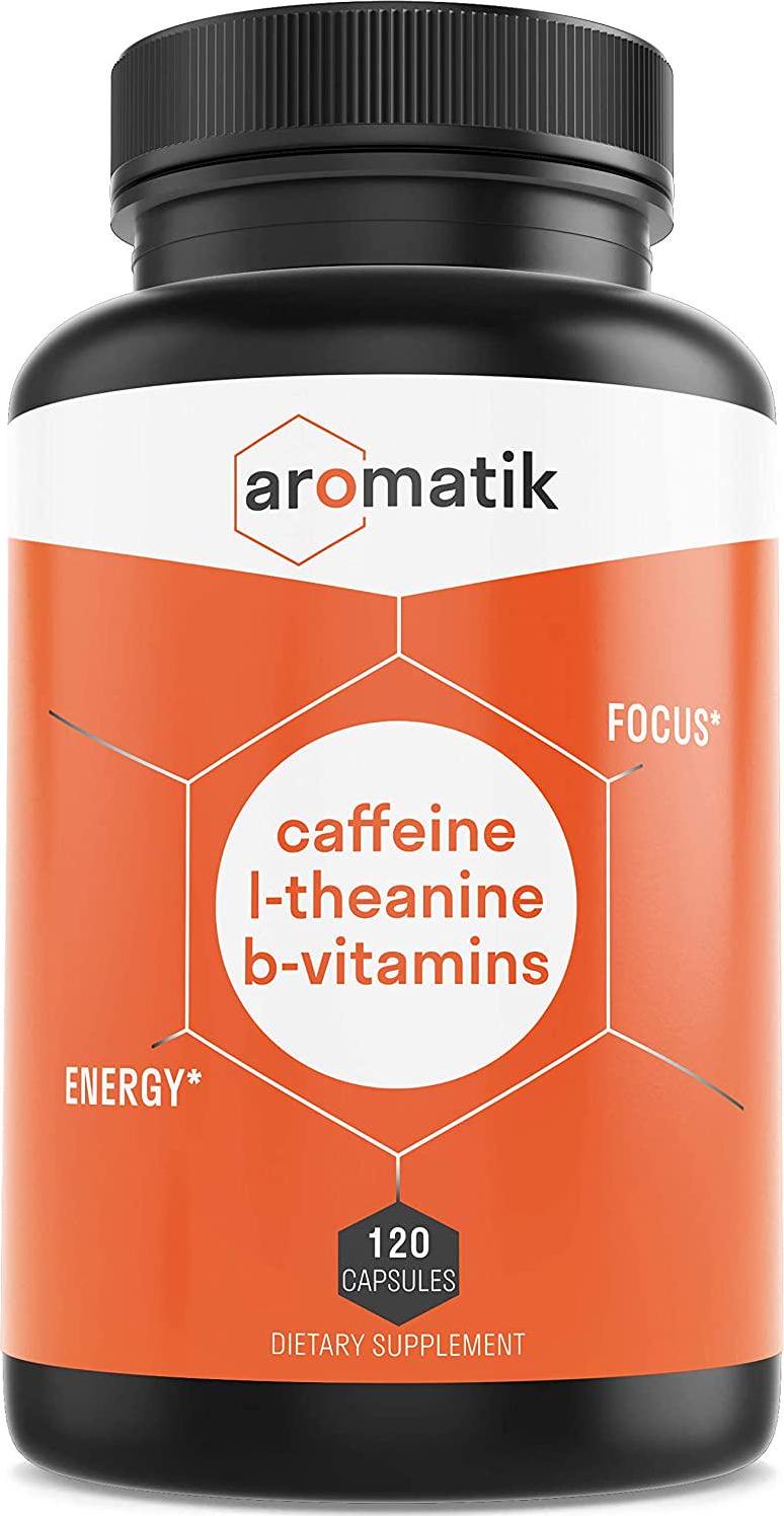 Aromatik Caffeine L-Theanine Focus Supplement | Caffeine (100 mg) + L-Theanine (200 mg) + B Vitamins | Energy Focus Cognition | USA Made at FDA Registered Facility | Vegan Capsules | 120 Servings