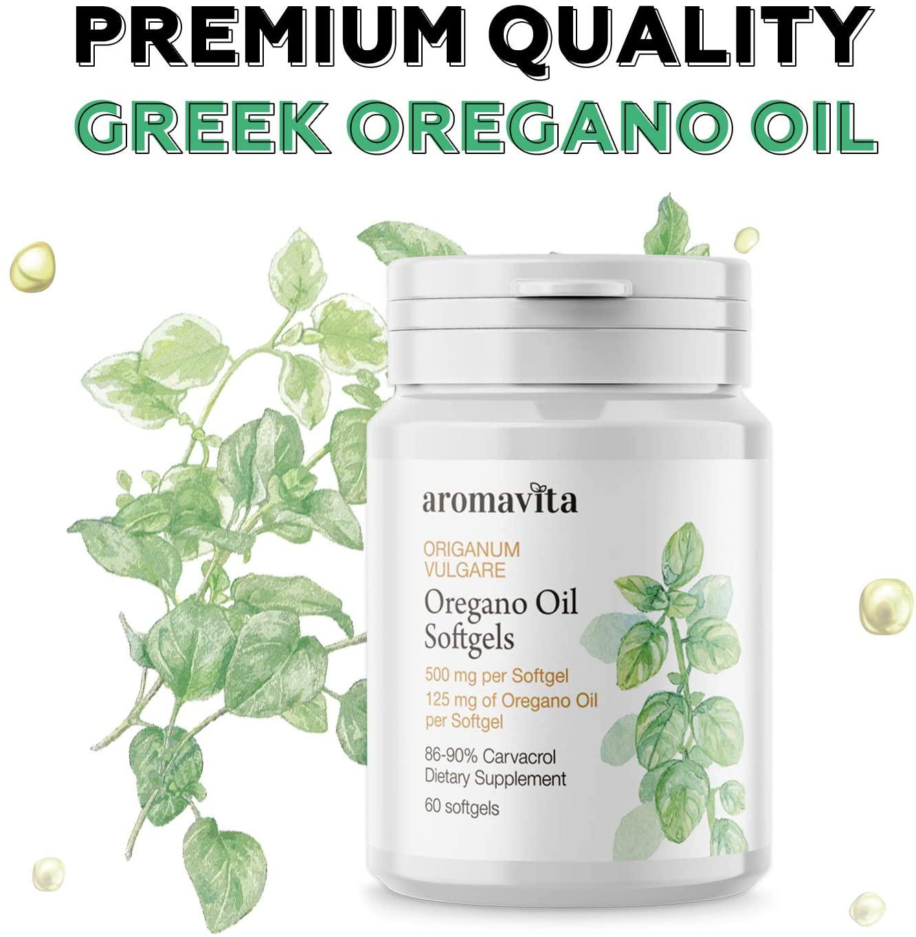 Aromavita Oregano Oil Capsules – Non GMO and Gluten Free, Greek Oregano Oil Containing 108mg Per Serving – Over 86-90% Carvacrol – 60 Softgels, Regular