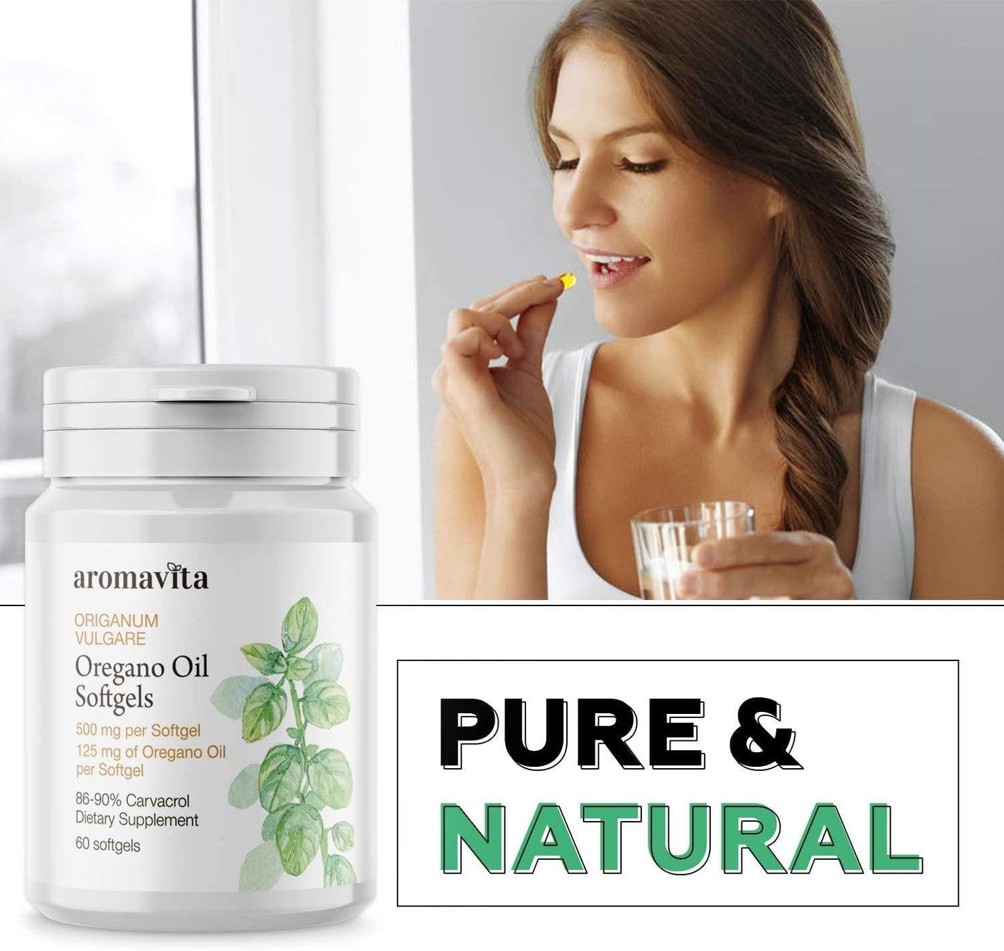 Aromavita Oregano Oil Capsules – Non GMO and Gluten Free, Greek Oregano Oil Containing 108mg Per Serving – Over 86-90% Carvacrol – 60 Softgels, Regular