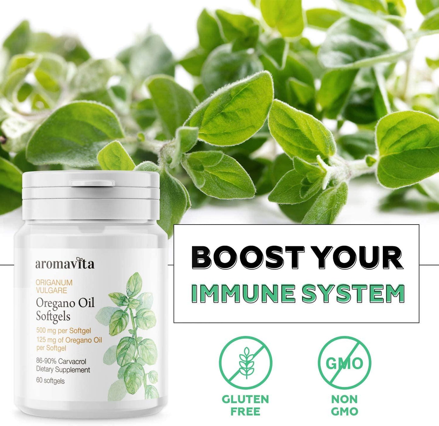 Aromavita Oregano Oil Capsules – Non GMO and Gluten Free, Greek Oregano Oil Containing 108mg Per Serving – Over 86-90% Carvacrol – 60 Softgels, Regular