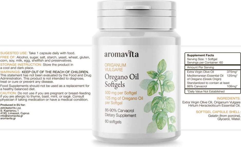 Aromavita Oregano Oil Capsules – Non GMO and Gluten Free, Greek Oregano Oil Containing 108mg Per Serving – Over 86-90% Carvacrol – 60 Softgels, Regular