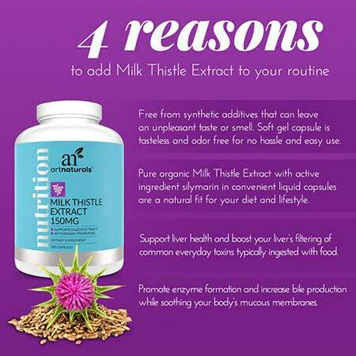 ArtNaturals Silymarin Milk Thistle Capsules - (150mg x 200 Softgels) - Concentrated Extract to Support Liver Health, Detox and Cleanse - Herbal Supplement