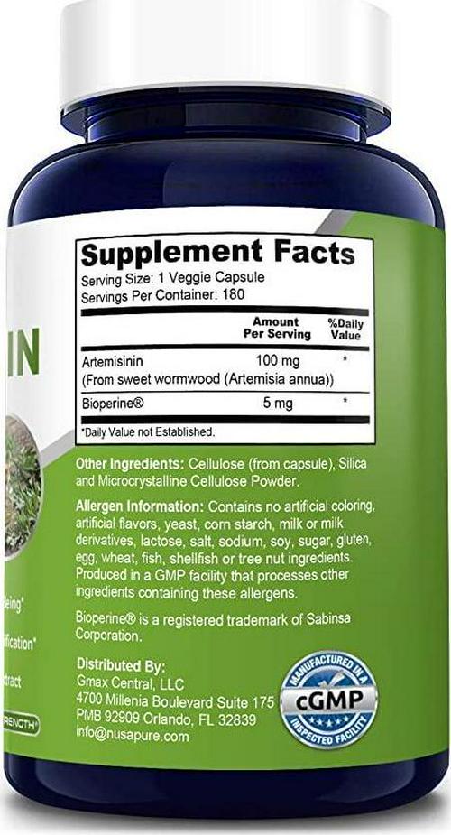 Artemisinin 100 mg 180 Veggie Capsules with 5 mg BioPerine for Enhanced Absorption, Sweet Wormwood Extract, Vegan and Non-GMO - 6 Month Supply