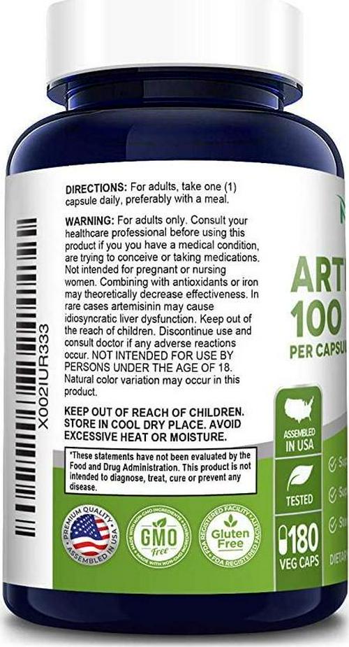 Artemisinin 100 mg 180 Veggie Capsules with 5 mg BioPerine for Enhanced Absorption, Sweet Wormwood Extract, Vegan and Non-GMO - 6 Month Supply