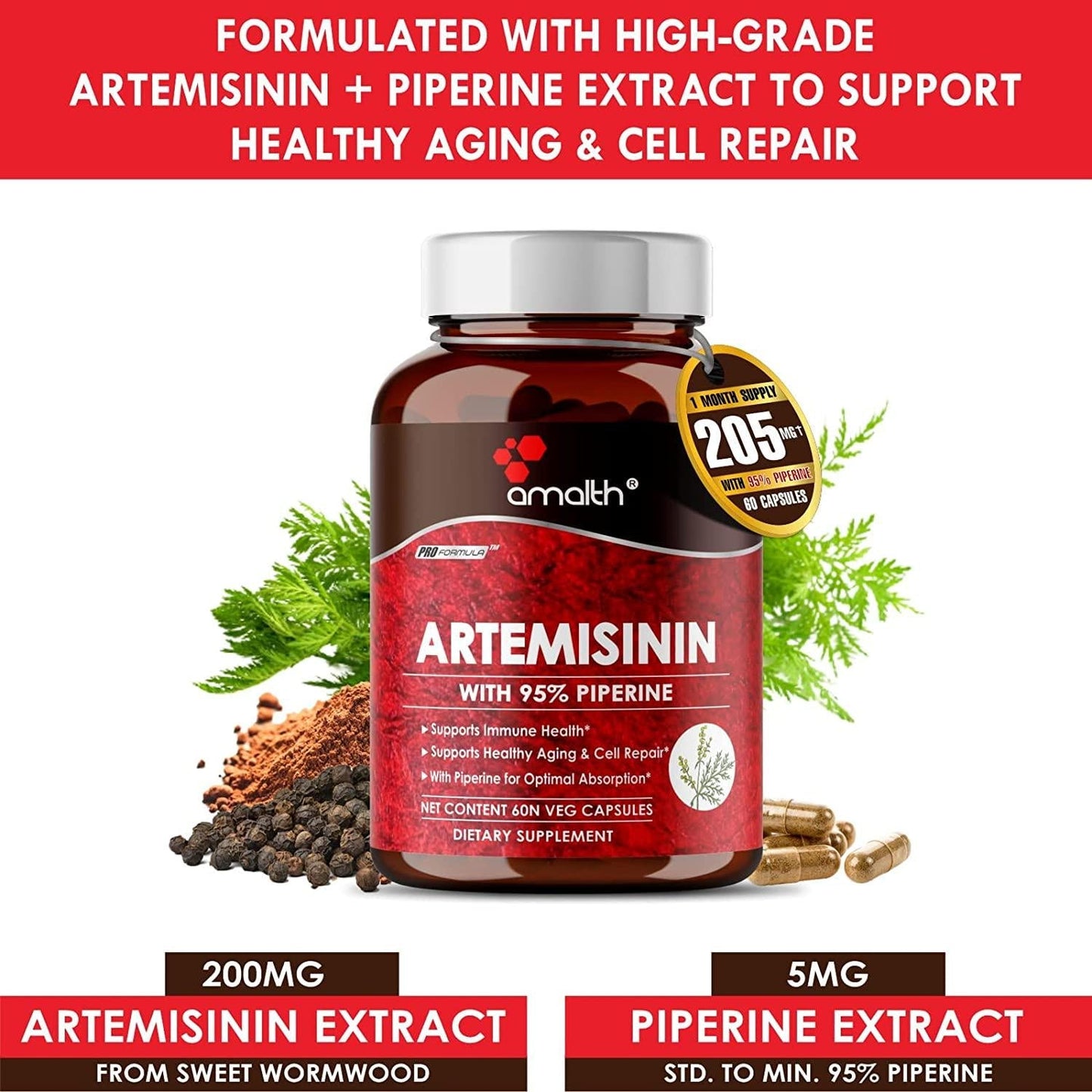 Artemisinin 205 mg- Artemisia Annua- Sweet Wormwood Extract 60 Capsule Vegan Safe, Supports Healthy Aging, Digestion and Immunity Made by Amalth