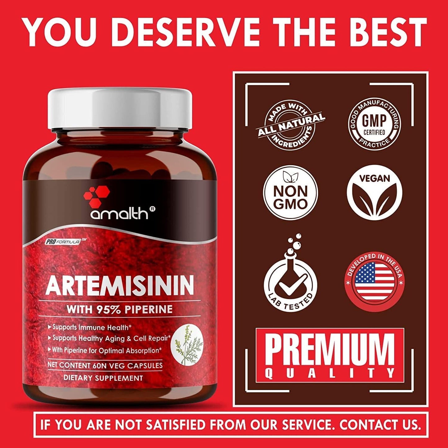 Artemisinin 205 mg- Artemisia Annua- Sweet Wormwood Extract 60 Capsule Vegan Safe, Supports Healthy Aging, Digestion and Immunity Made by Amalth