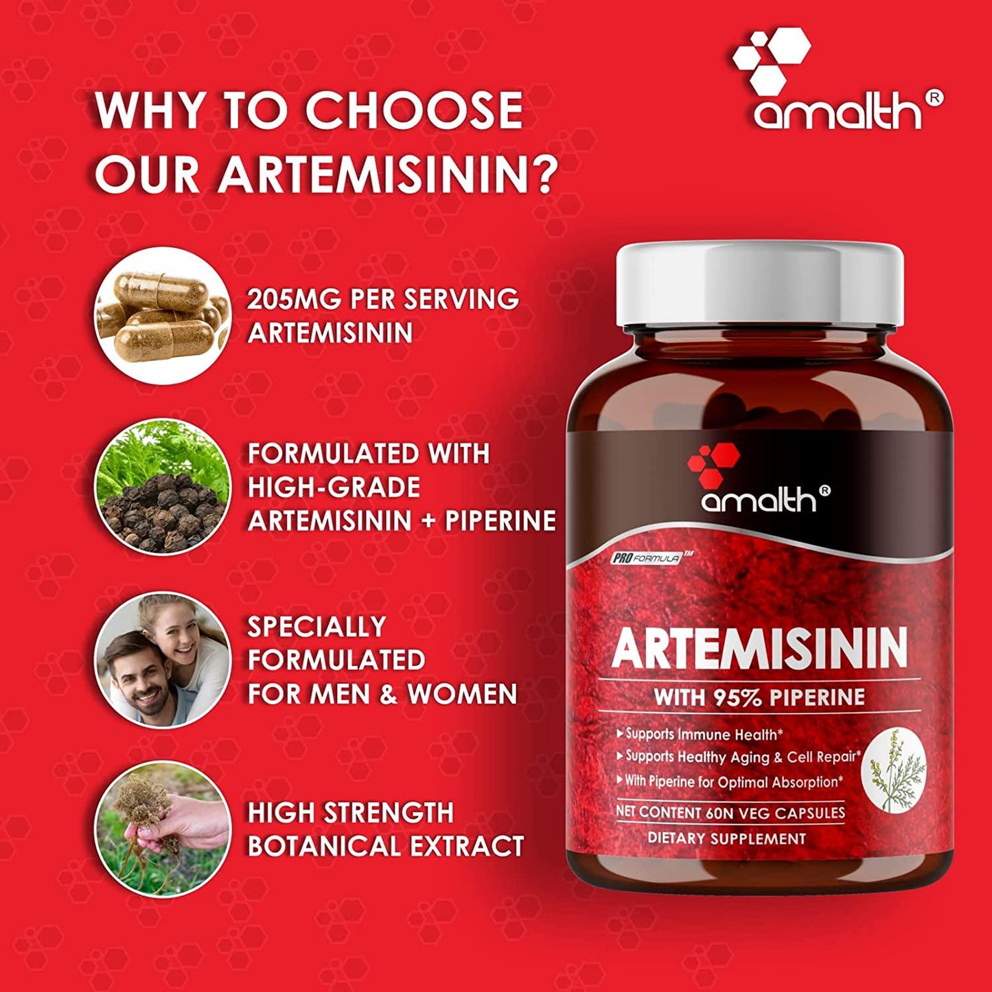 Artemisinin 205 mg- Artemisia Annua- Sweet Wormwood Extract 60 Capsule Vegan Safe, Supports Healthy Aging, Digestion and Immunity Made by Amalth