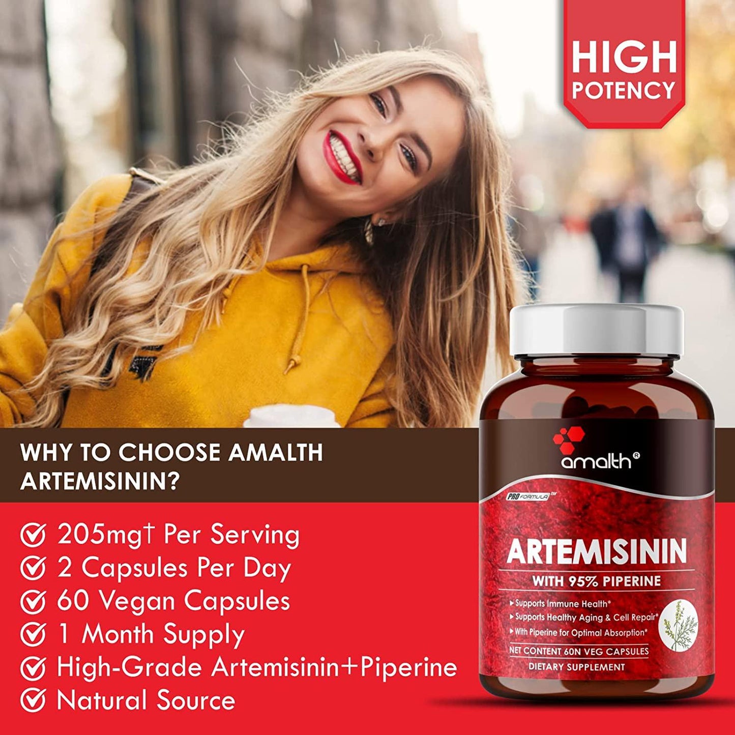 Artemisinin 205 mg- Artemisia Annua- Sweet Wormwood Extract 60 Capsule Vegan Safe, Supports Healthy Aging, Digestion and Immunity Made by Amalth