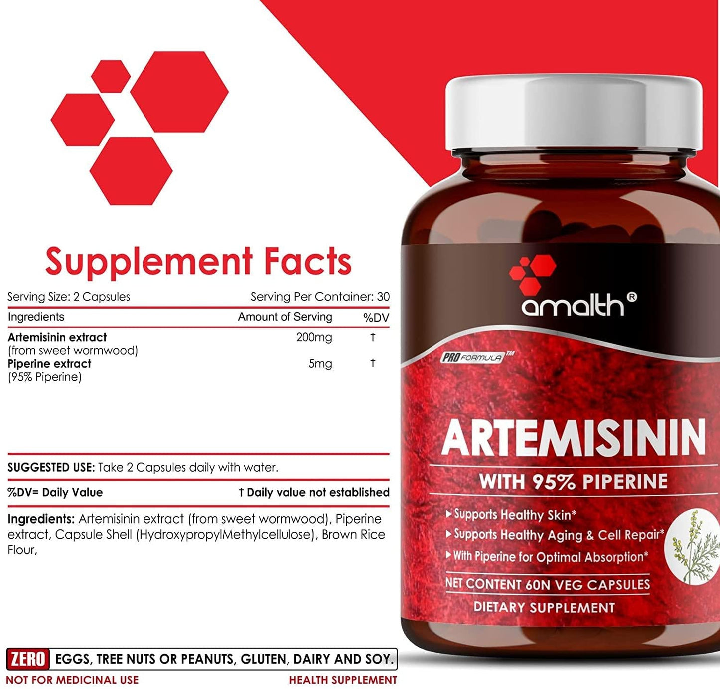 Artemisinin 205 mg- Artemisia Annua- Sweet Wormwood Extract 60 Capsule Vegan Safe, Supports Healthy Aging, Digestion and Immunity Made by Amalth