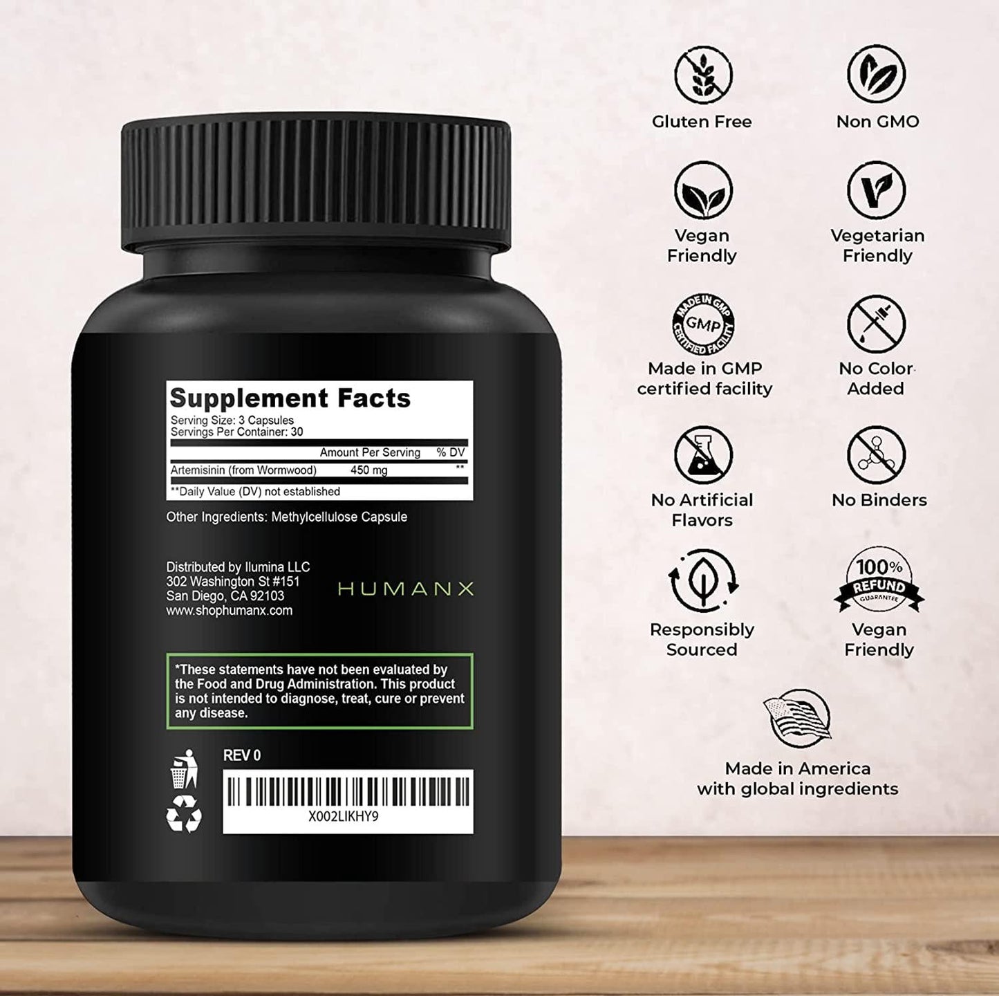 Artemisinin 450 mg - Artemisia Annua - Sweet Wormwood Extract - Artemisinin Capsules Support Healthy Aging, Digestion, and Immunity - Easy to Swallow Veggie Capsules - HumanX