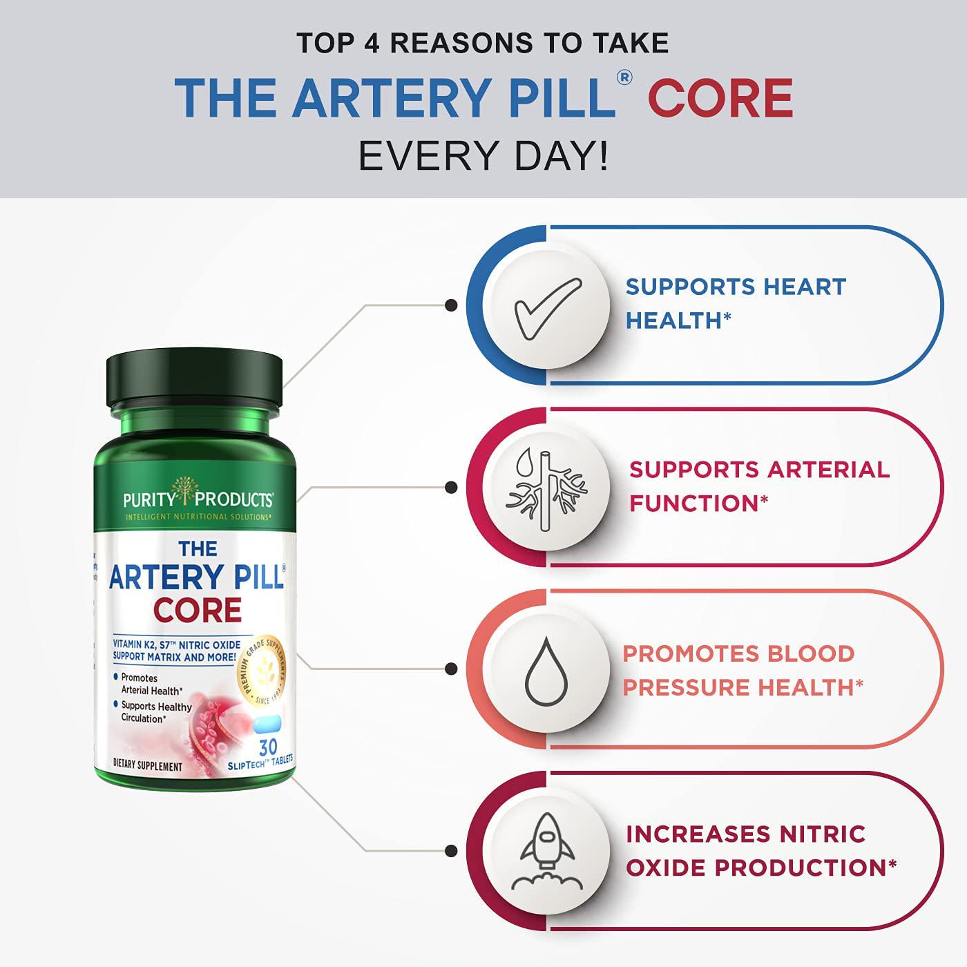 Artery Pill Core from Purity Products - MK-7 Vitamin K2, Plant-Based S7 Nitric Oxide Booster, Vitamin D3, Organic Blueberries - Promotes Arterial Health and Cardiovascular Function - 30 Count