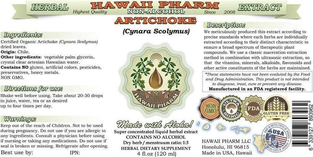 Artichoke Alcohol-FREE Liquid Extract, Organic Artichoke (Cynara scolymus) Dried Leaf Glycerite Hawaii Pharm Natural Herbal Supplement 2 oz