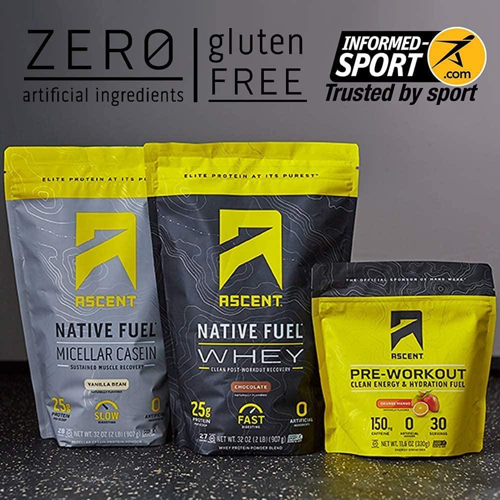 Ascent Native Fuel Casein Protein Powder - 25g Micellar Casein with Zero Artificial Ingredients, Soy and Gluten-Free, No Added Sugar, 4.9g BCAA, 2.2g Leucine - Vanilla Bean, 2 Pounds