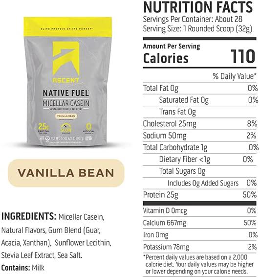 Ascent Native Fuel Casein Protein Powder - 25g Micellar Casein with Zero Artificial Ingredients, Soy and Gluten-Free, No Added Sugar, 4.9g BCAA, 2.2g Leucine - Vanilla Bean, 2 Pounds